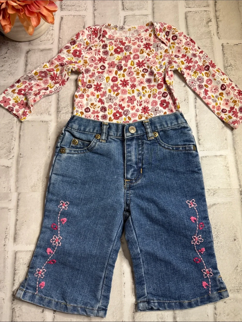 Old Navy Girls Blue Denim Jeans with Pink Floral Embroidery